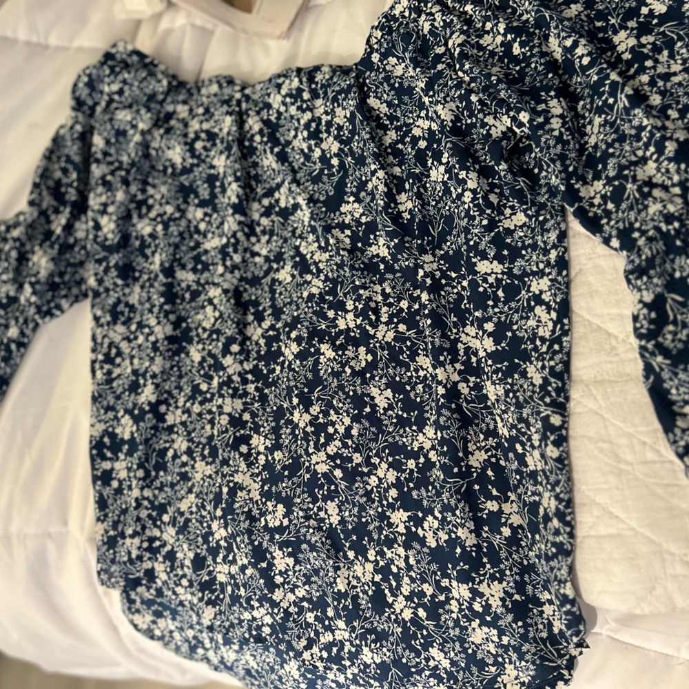 Off shoulder, blue and white print XL shirt. Verse brand. Worn 1X. FromStitchFix